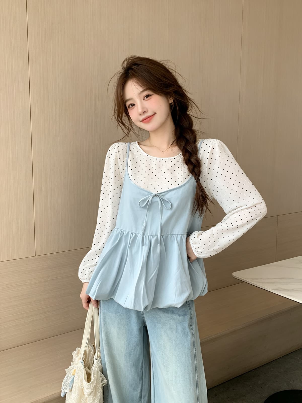 한 부서 부드러운 바람 달콤함 연령 감소 스택 착용 캐미솔 가을 새로운 루즈핏 슬림해 보이는 도트 무늬 셔츠 투피스 세트 이미지 4