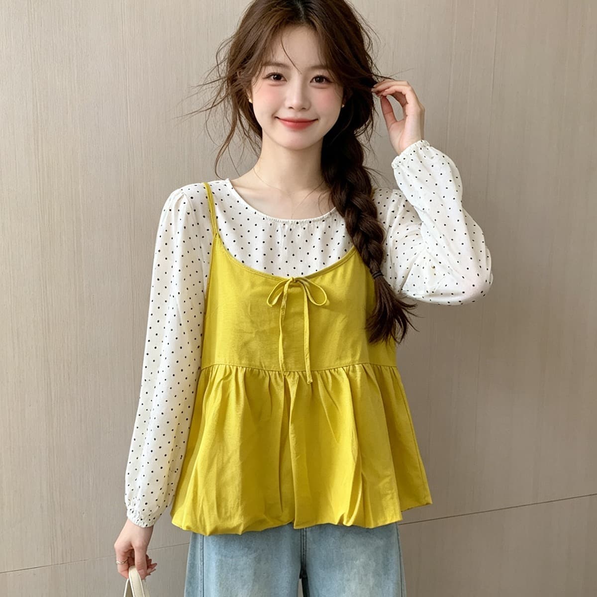 한 부서 부드러운 바람 달콤함 연령 감소 스택 착용 캐미솔 가을 새로운 루즈핏 슬림해 보이는 도트 무늬 셔츠 투피스 세트 이미지 5