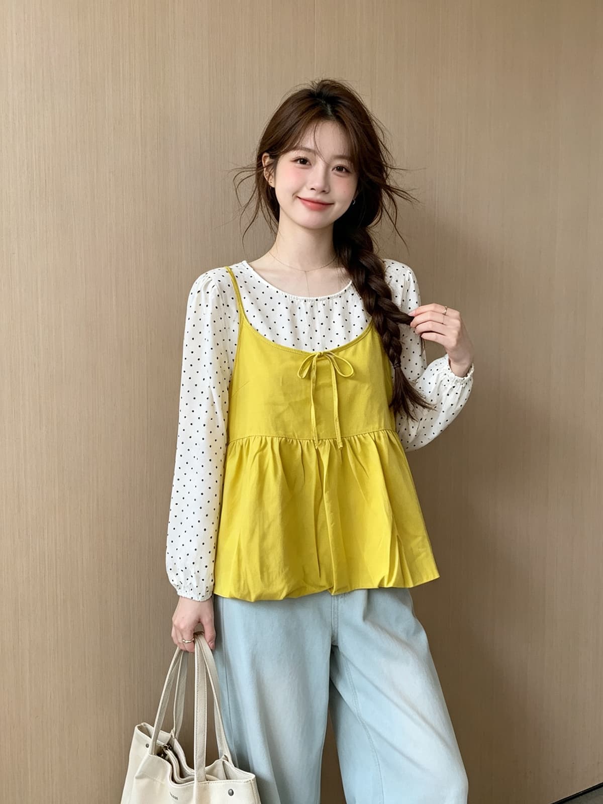 한 부서 부드러운 바람 달콤함 연령 감소 스택 착용 캐미솔 가을 새로운 루즈핏 슬림해 보이는 도트 무늬 셔츠 투피스 세트 상세 이미지 3