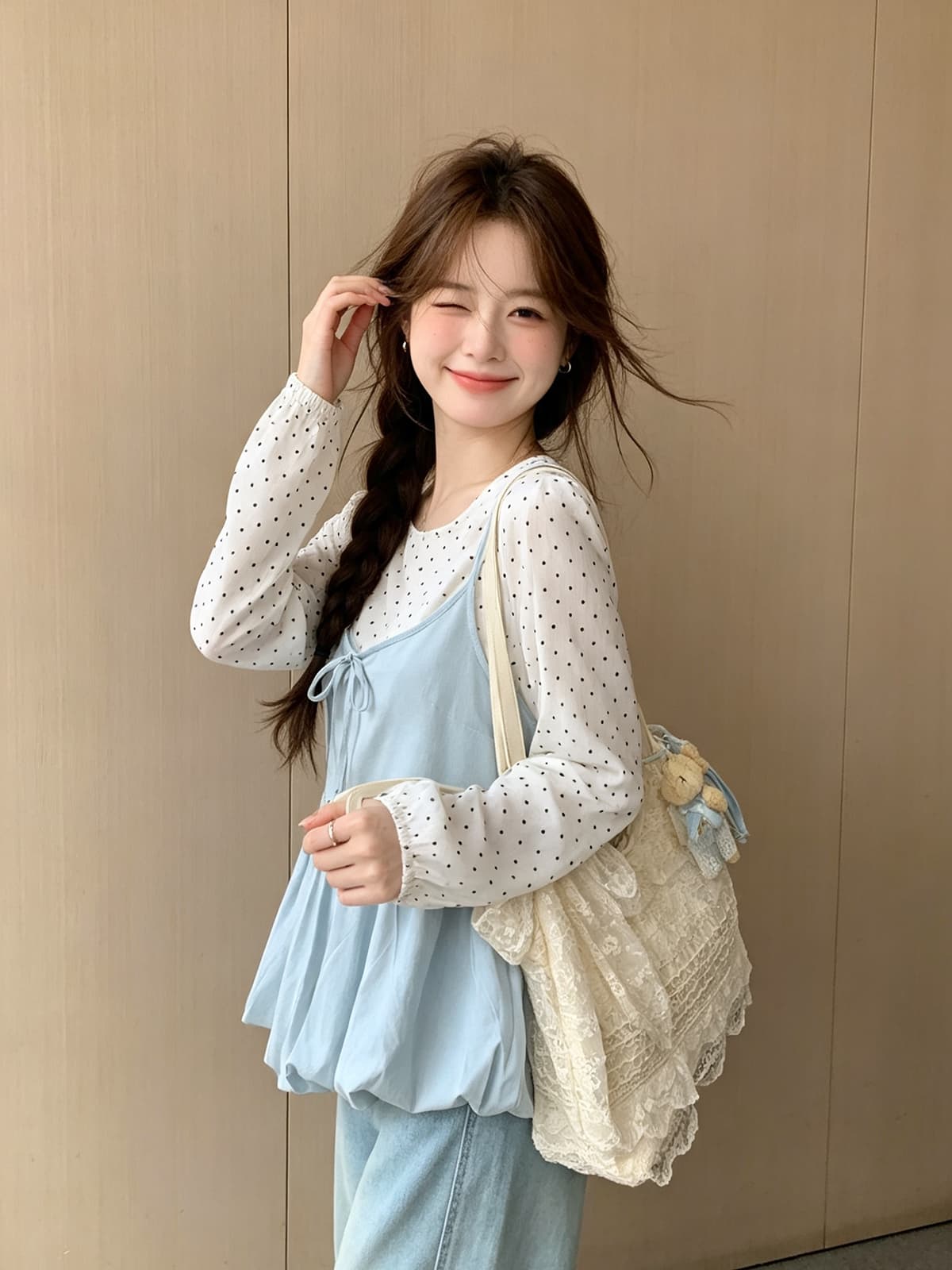 한 부서 부드러운 바람 달콤함 연령 감소 스택 착용 캐미솔 가을 새로운 루즈핏 슬림해 보이는 도트 무늬 셔츠 투피스 세트 상세 이미지 5