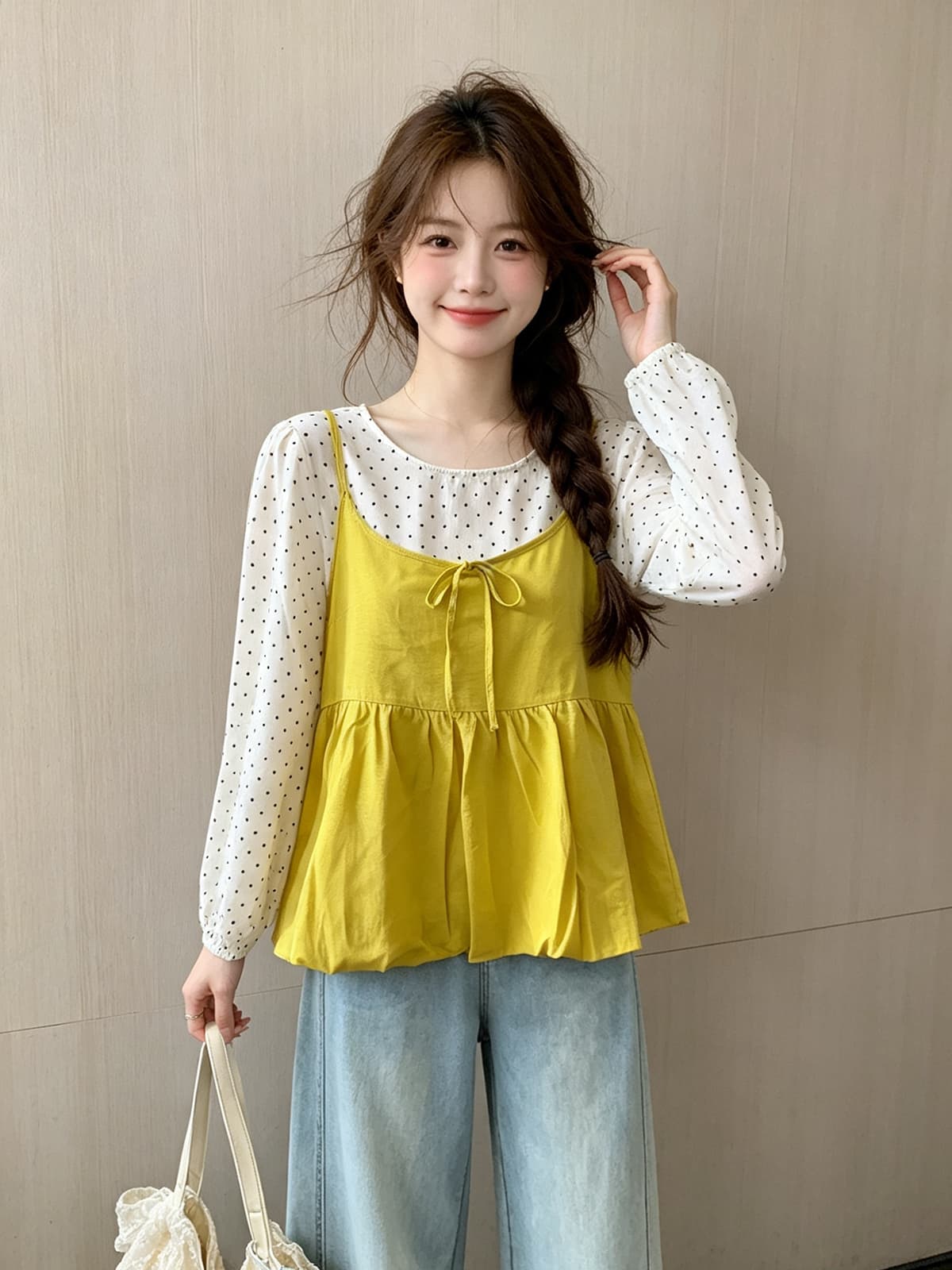 한 부서 부드러운 바람 달콤함 연령 감소 스택 착용 캐미솔 가을 새로운 루즈핏 슬림해 보이는 도트 무늬 셔츠 투피스 세트 상세 이미지 8