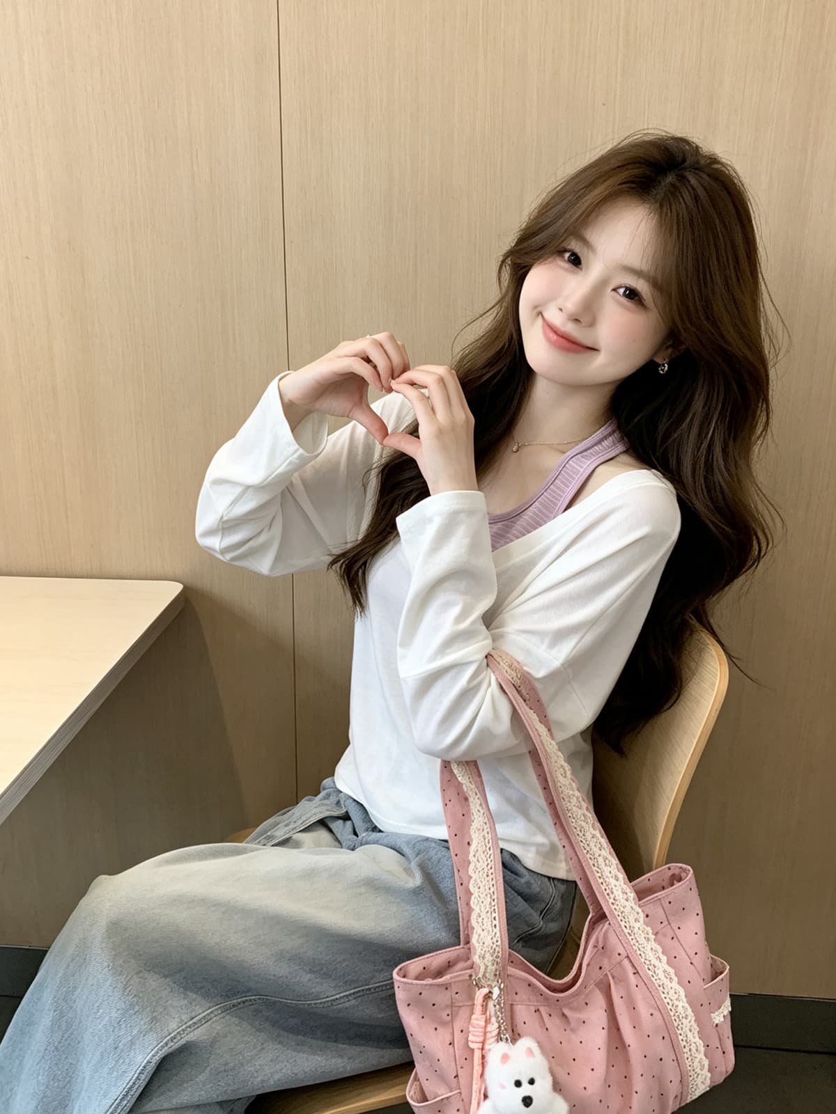 스택 착용 계층의 감각 한 부서 레트로 스택 착용 세트 가을 스트라이프 행침 목 조끼 V넥 배트윙 소매 티셔츠 투피스 세트 상세 이미지 4