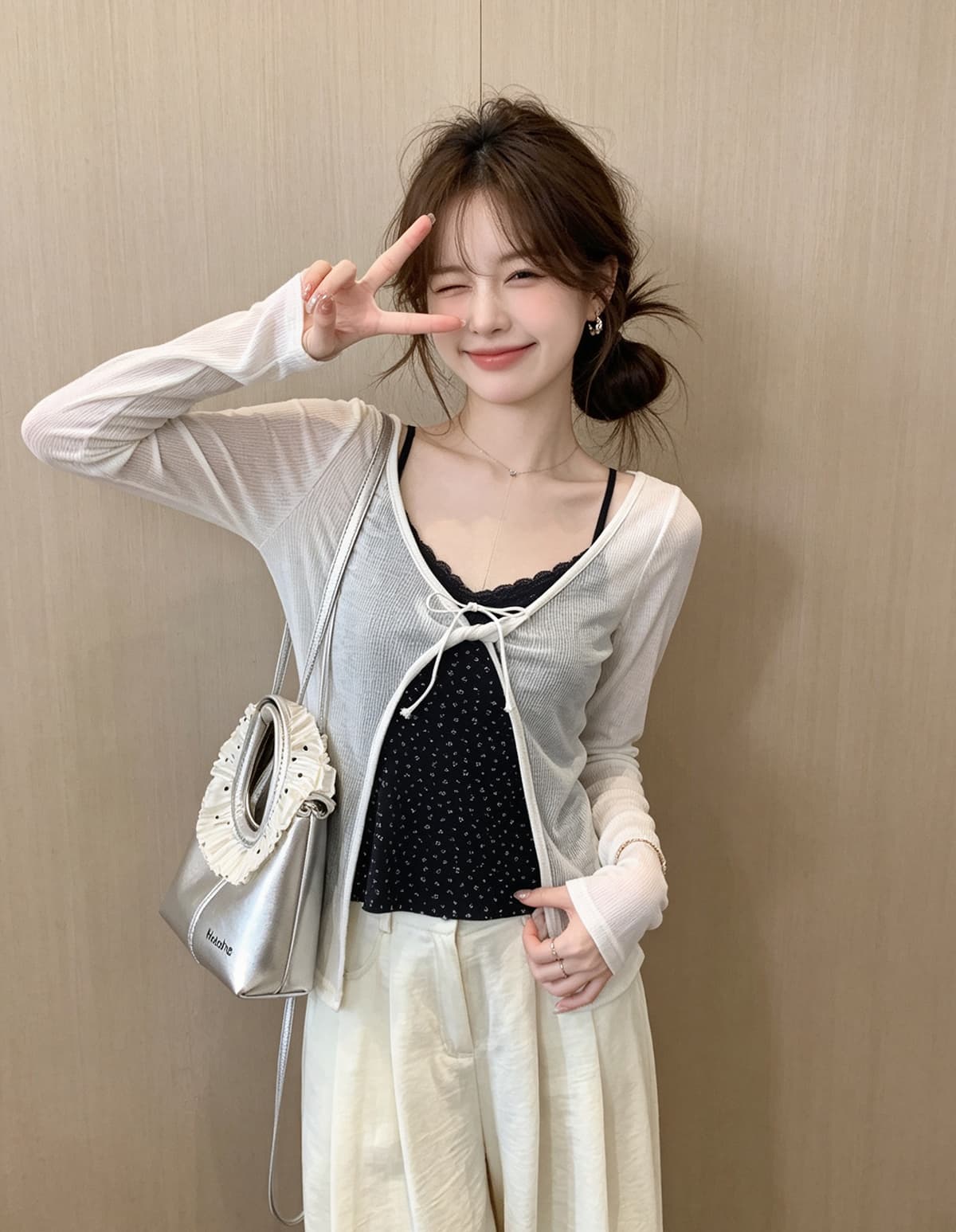 미니멀리즘 진한 파란색 프린트 조끼 화이트 구덩이 기사 티셔츠 투피스 세트 가을 새로운 스택 착용 긴팔 니트 스웨터 맨위 이미지 2