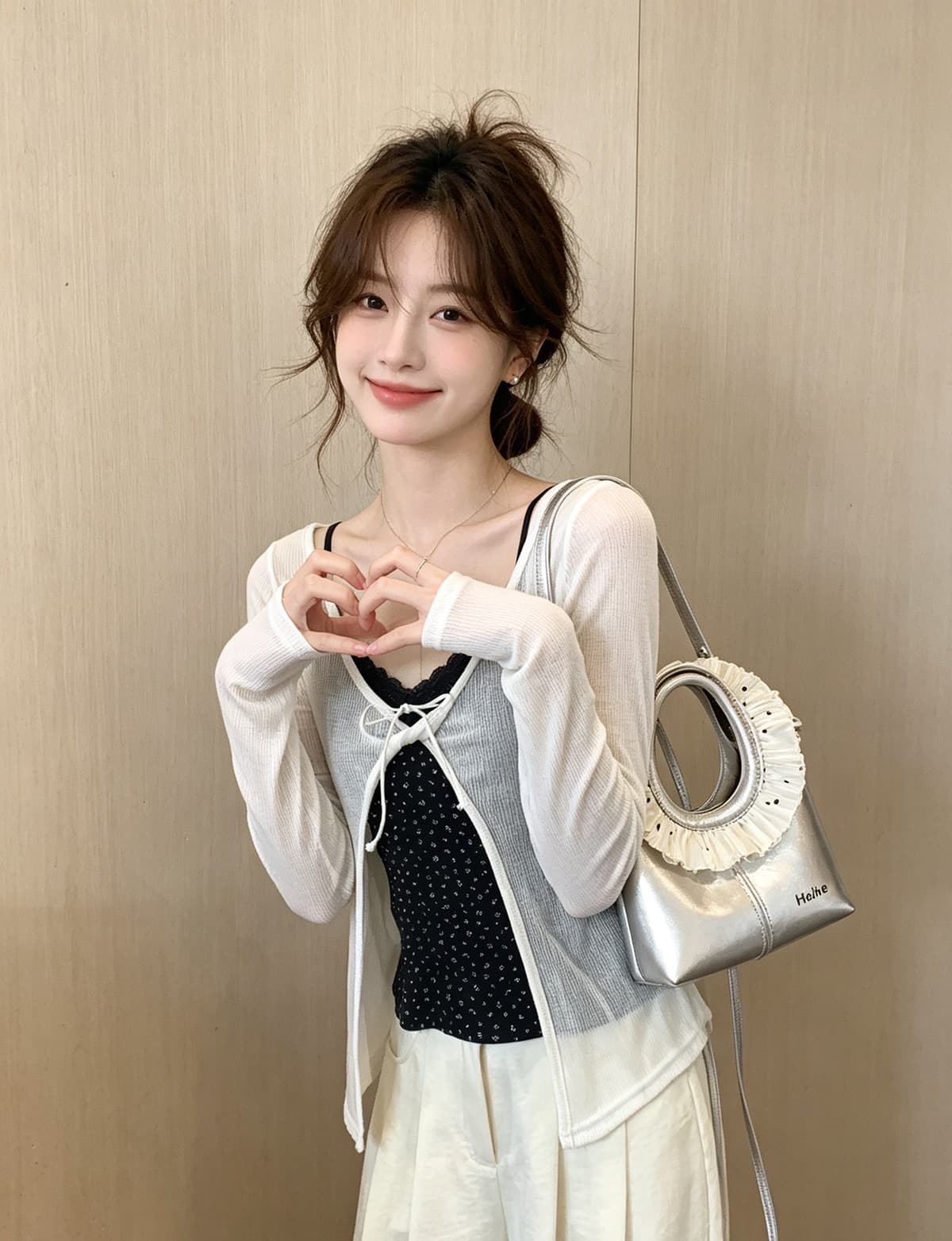 미니멀리즘 진한 파란색 프린트 조끼 화이트 구덩이 기사 티셔츠 투피스 세트 가을 새로운 스택 착용 긴팔 니트 스웨터 맨위 상세 이미지 4