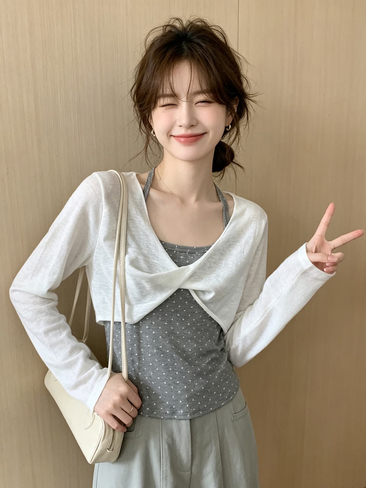 한 부서 chic Chic 얇은 스타일 블라우스 도트 무늬 슬립 흰색 티셔츠 투피스 세트 가을 새로운 스택 착용 긴팔 맨위 이미지 4