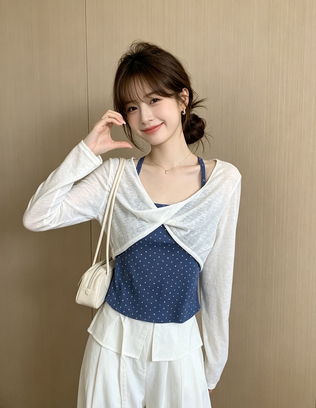 한 부서 chic Chic 얇은 스타일 블라우스 도트 무늬 슬립 흰색 티셔츠 투피스 세트 가을 새로운 스택 착용 긴팔 맨위