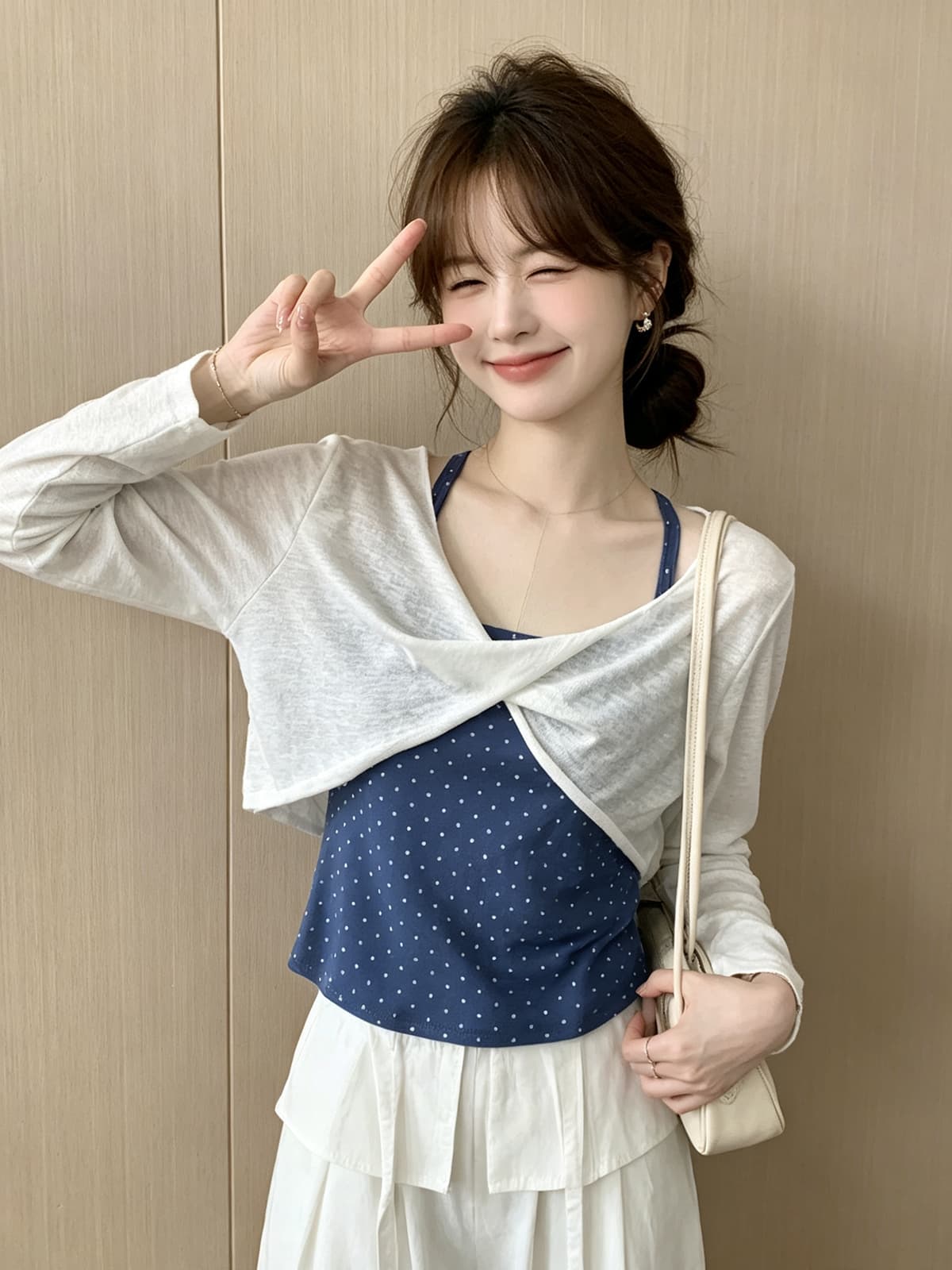 한 부서 chic Chic 얇은 스타일 블라우스 도트 무늬 슬립 흰색 티셔츠 투피스 세트 가을 새로운 스택 착용 긴팔 맨위 이미지 3