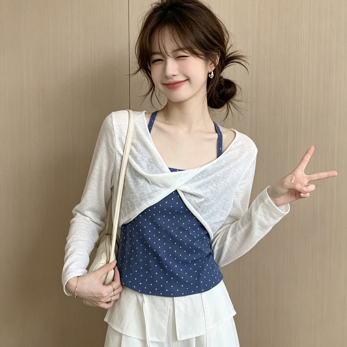 한 부서 chic Chic 얇은 스타일 블라우스 도트 무늬 슬립 흰색 티셔츠 투피스 세트 가을 새로운 스택 착용 긴팔 맨위 이미지 5