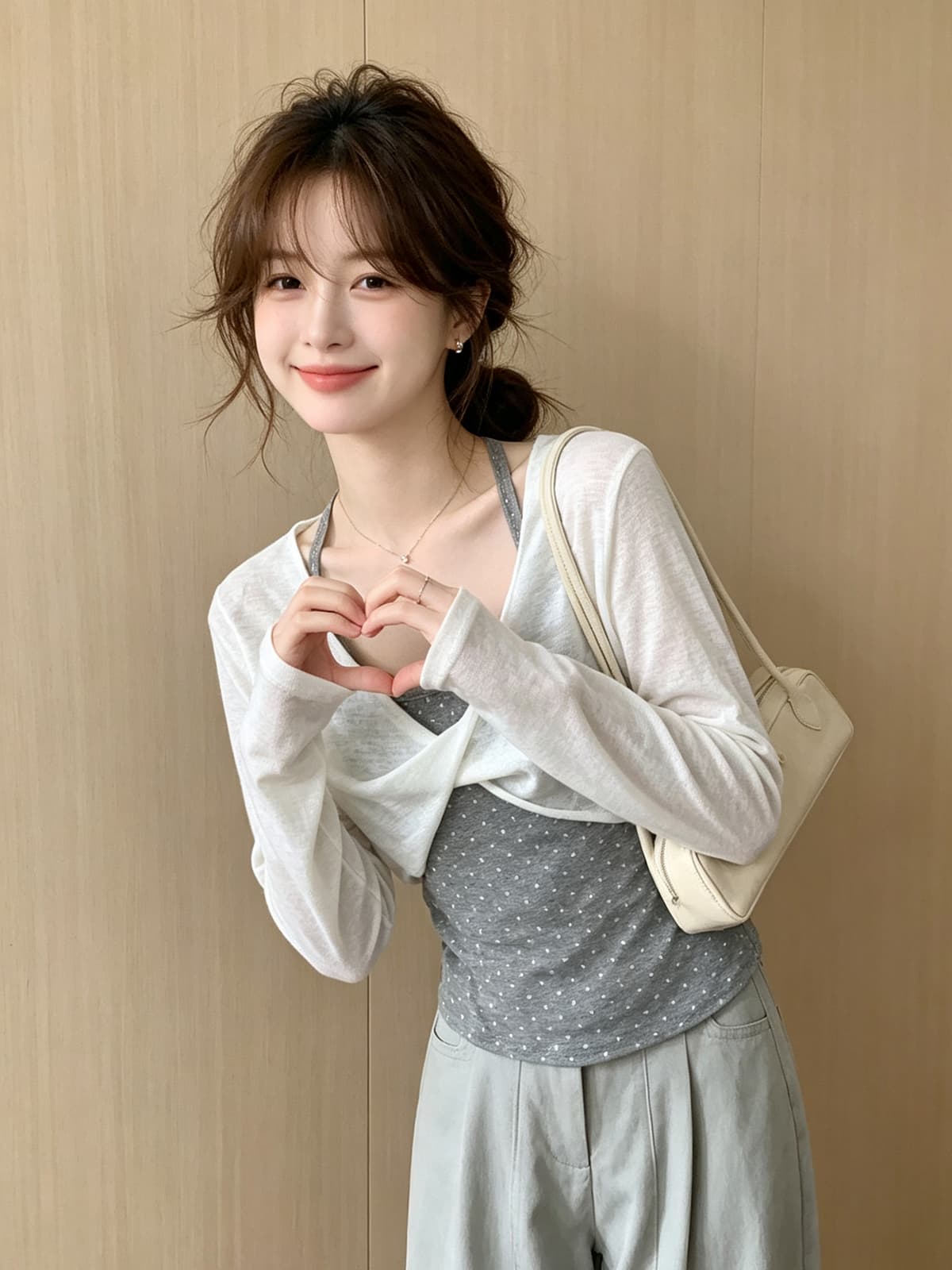 한 부서 chic Chic 얇은 스타일 블라우스 도트 무늬 슬립 흰색 티셔츠 투피스 세트 가을 새로운 스택 착용 긴팔 맨위 상세 이미지 3