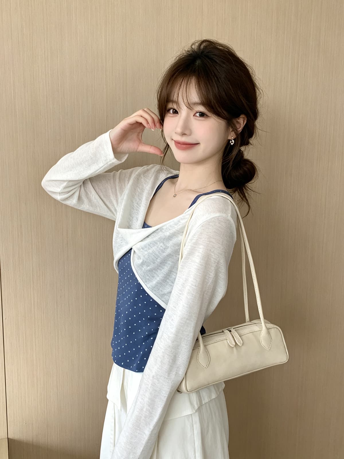 한 부서 chic Chic 얇은 스타일 블라우스 도트 무늬 슬립 흰색 티셔츠 투피스 세트 가을 새로운 스택 착용 긴팔 맨위 상세 이미지 6