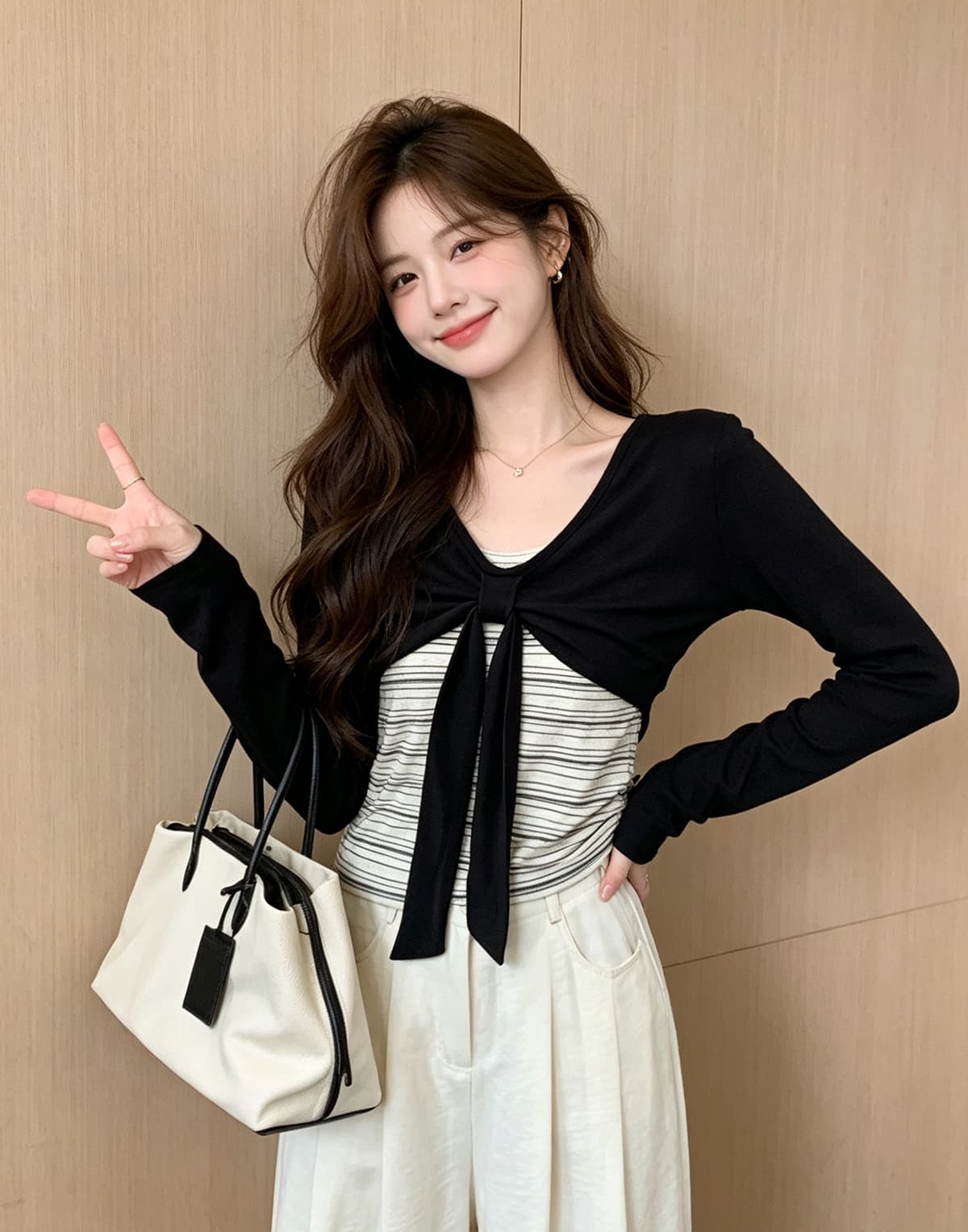 한 부서 소녀 바람 나비 매듭 페이크 레이어드 레이스업 긴팔 티셔츠 여성 가을 디자인 센스 몸매 가꾸기 스트라이프 맨위 이미지 3