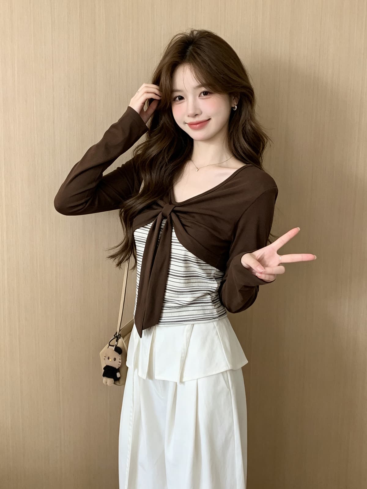 한 부서 소녀 바람 나비 매듭 페이크 레이어드 레이스업 긴팔 티셔츠 여성 가을 디자인 센스 몸매 가꾸기 스트라이프 맨위 이미지 2