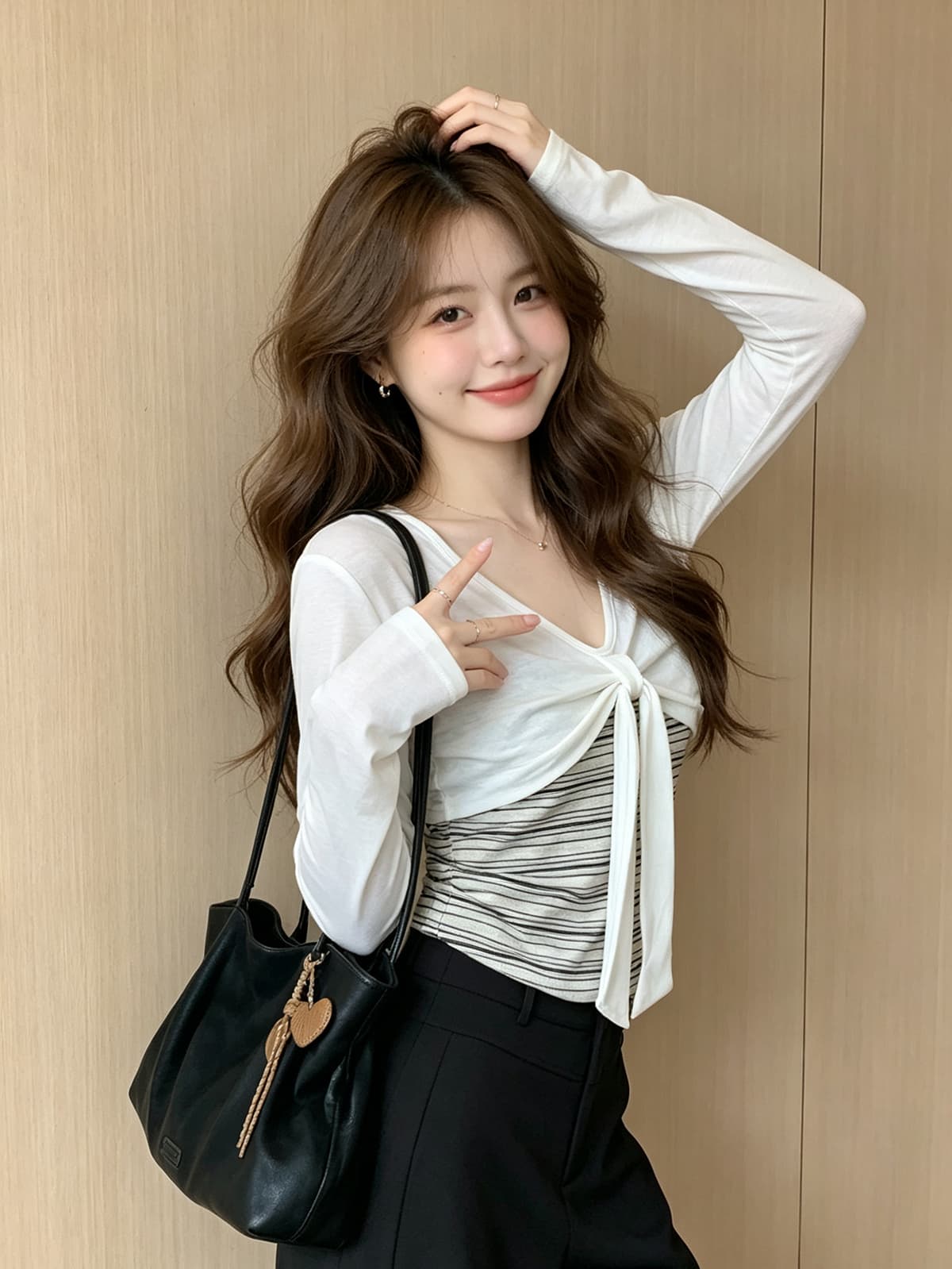 한 부서 소녀 바람 나비 매듭 페이크 레이어드 레이스업 긴팔 티셔츠 여성 가을 디자인 센스 몸매 가꾸기 스트라이프 맨위 상세 이미지 1
