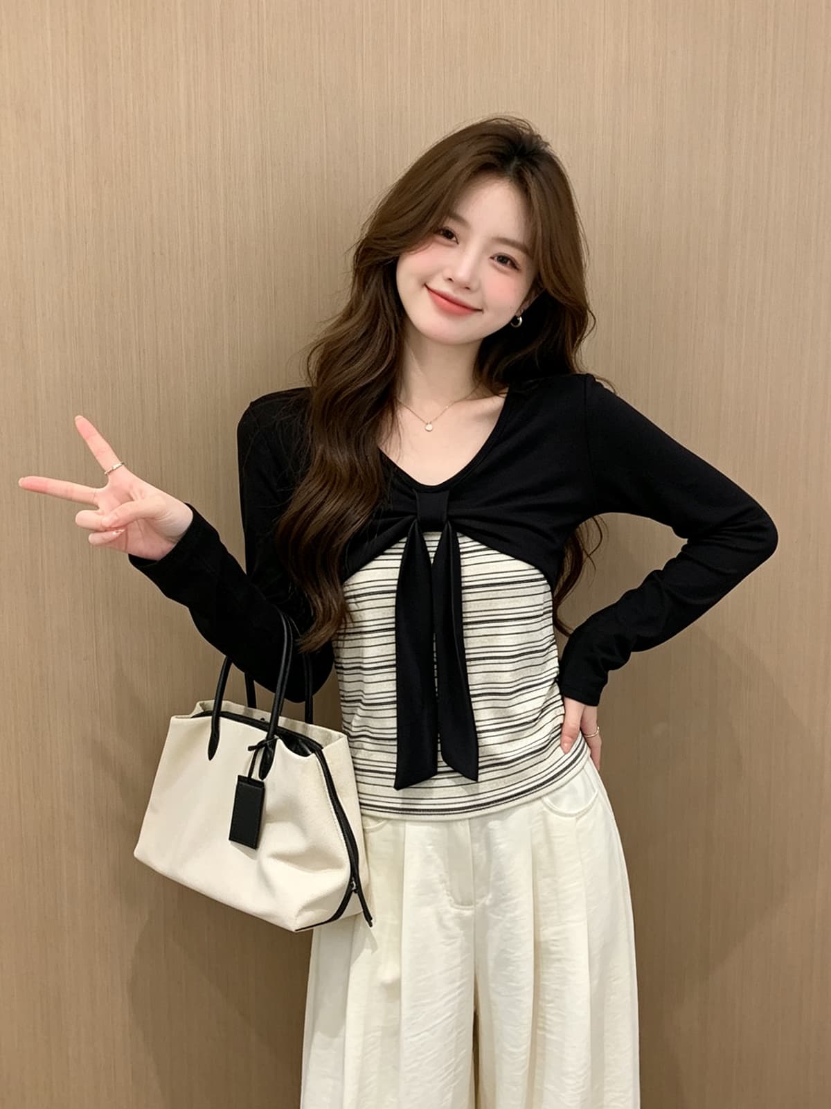 한 부서 소녀 바람 나비 매듭 페이크 레이어드 레이스업 긴팔 티셔츠 여성 가을 디자인 센스 몸매 가꾸기 스트라이프 맨위 상세 이미지 5