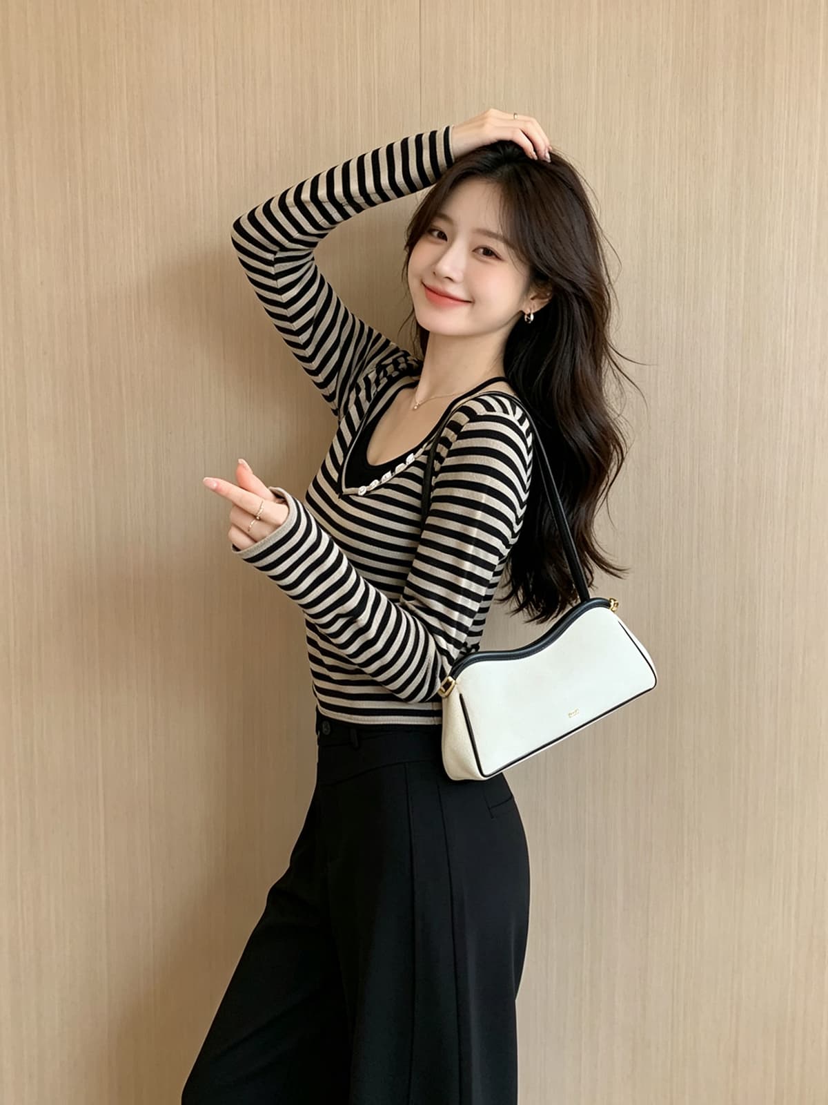 레트로 천년기 바람 스트라이프 행침 목 인사이드 가져 가라. 투피스 세트 가을 새로운 스트라이프 V넥 긴팔 티셔츠 스택 착용 맨위 여성 이미지 3