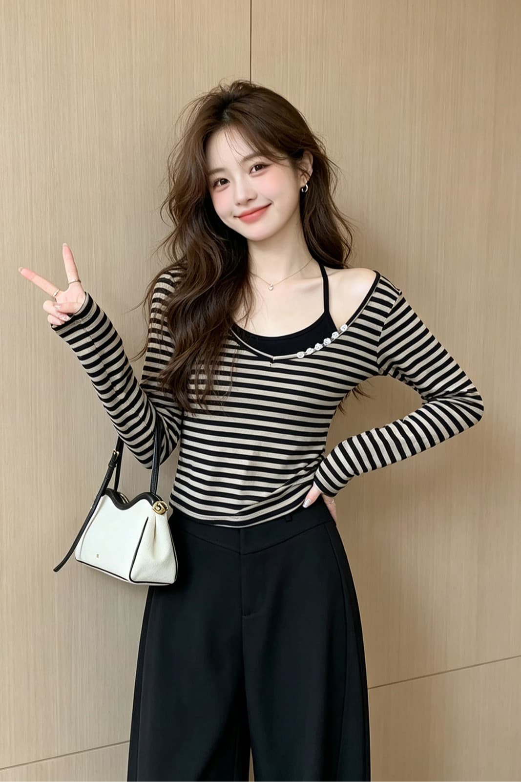 레트로 천년기 바람 스트라이프 행침 목 인사이드 가져 가라. 투피스 세트 가을 새로운 스트라이프 V넥 긴팔 티셔츠 스택 착용 맨위 여성 이미지 6