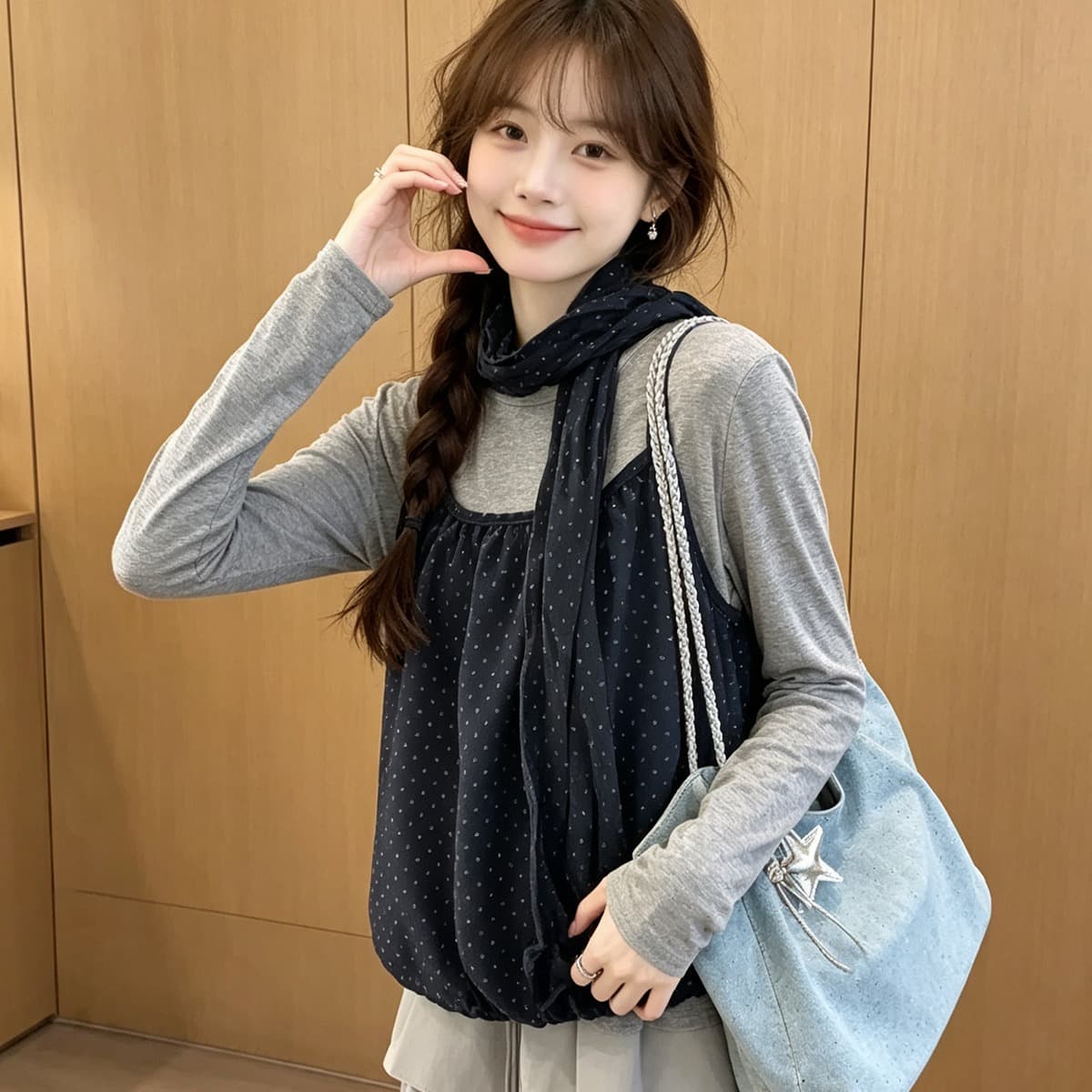 한 부서 레트로 도트 무늬 슬립 스택 착용 회색 기본 셔츠 3종 세트 가을 부드러운 바람 다용도 캐주얼 맨위 여성 이미지 5
