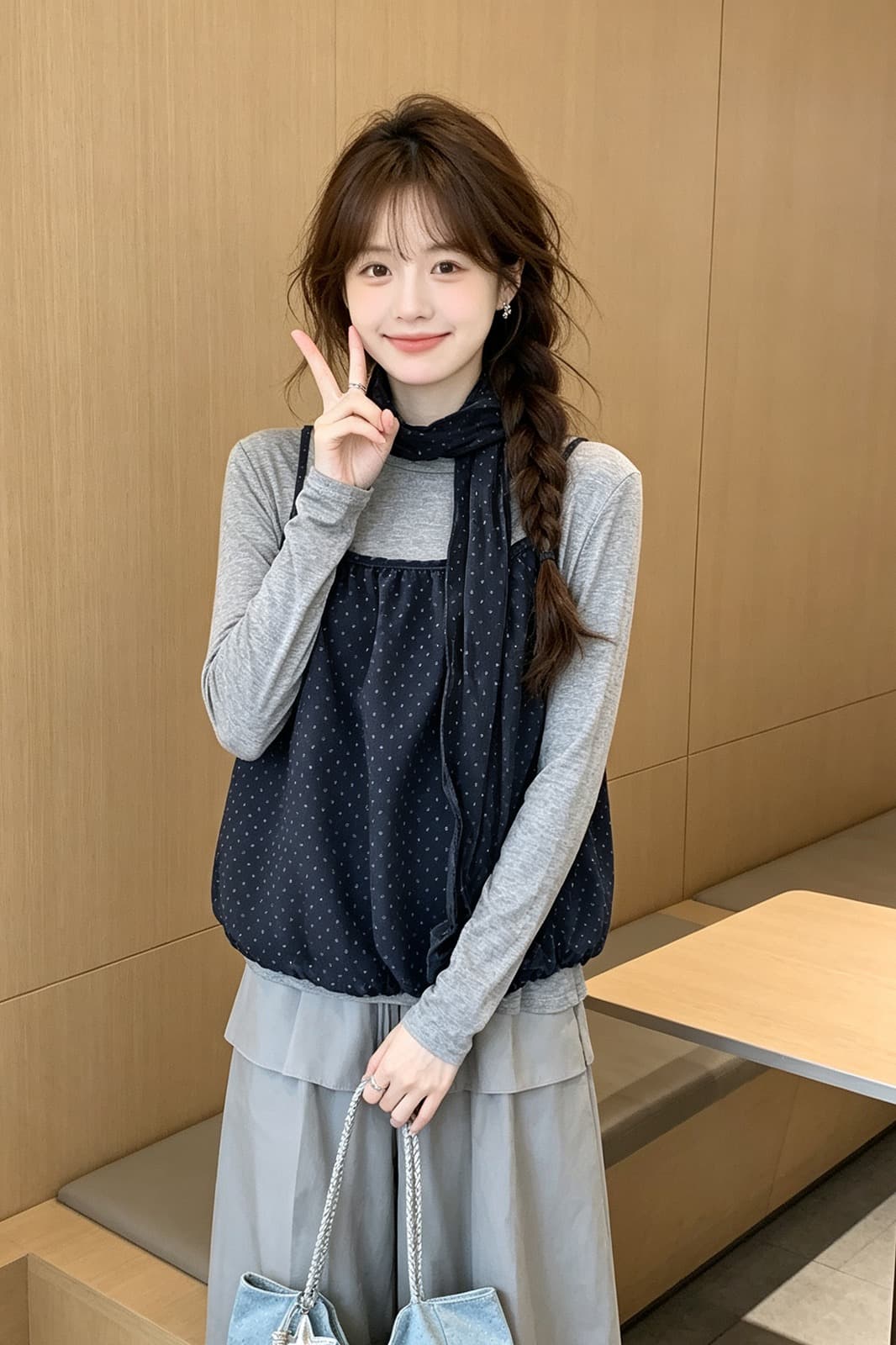한 부서 레트로 도트 무늬 슬립 스택 착용 회색 기본 셔츠 3종 세트 가을 부드러운 바람 다용도 캐주얼 맨위 여성 이미지 6