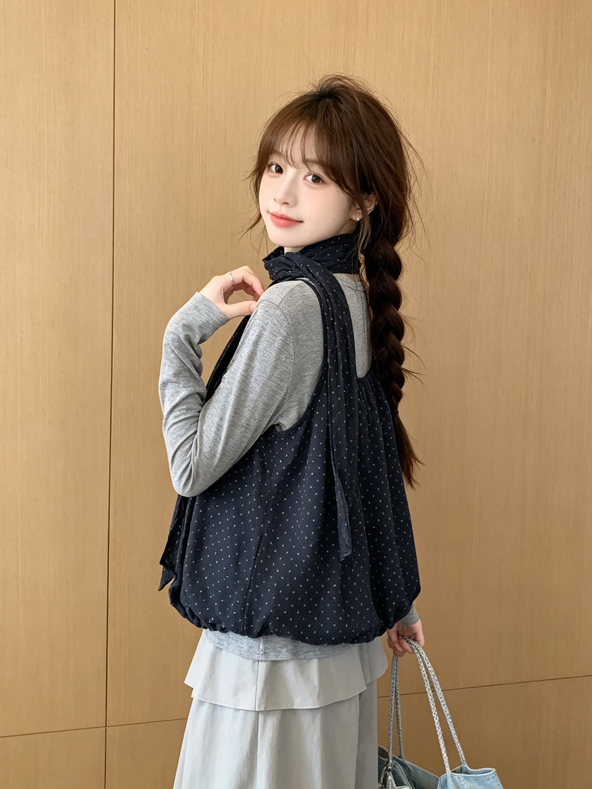 한 부서 레트로 도트 무늬 슬립 스택 착용 회색 기본 셔츠 3종 세트 가을 부드러운 바람 다용도 캐주얼 맨위 여성 상세 이미지 6