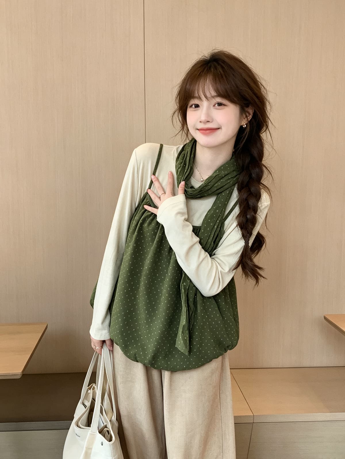 한 부서 레트로 도트 무늬 슬립 스택 착용 회색 기본 셔츠 3종 세트 가을 부드러운 바람 다용도 캐주얼 맨위 여성 상세 이미지 8