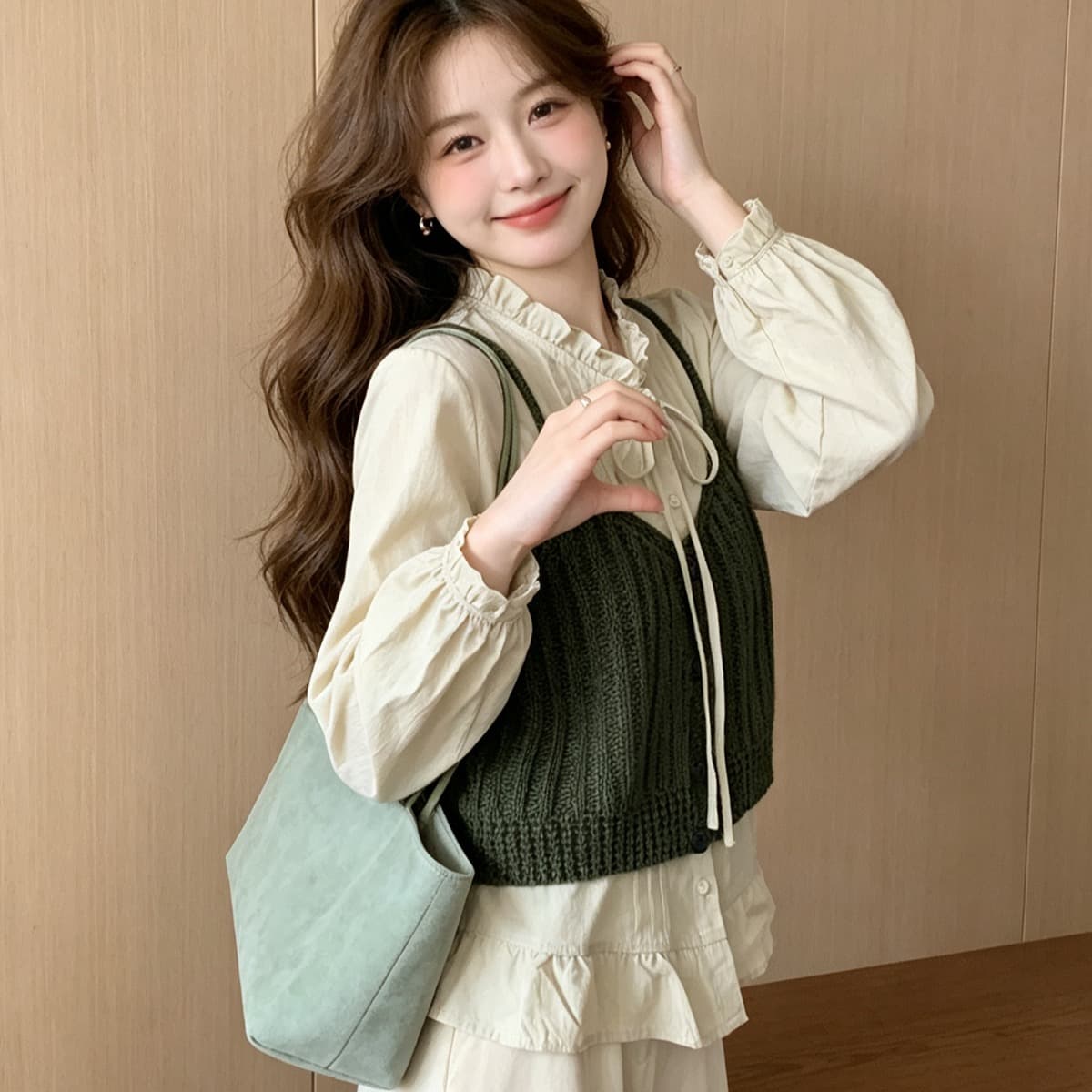 한 부서 레트로 프릴 스탠드 칼라 긴팔 여성 셔츠 가을 외국 가스 스택 착용 니트 조끼 베스트 투피스 세트 이미지 5