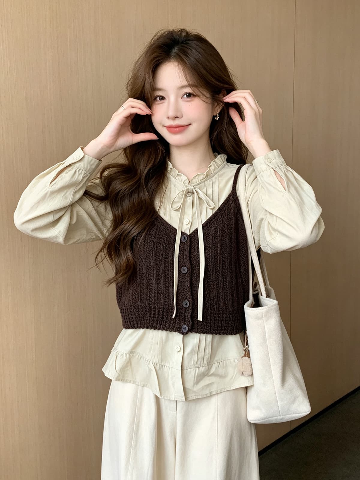 한 부서 레트로 프릴 스탠드 칼라 긴팔 여성 셔츠 가을 외국 가스 스택 착용 니트 조끼 베스트 투피스 세트 상세 이미지 8