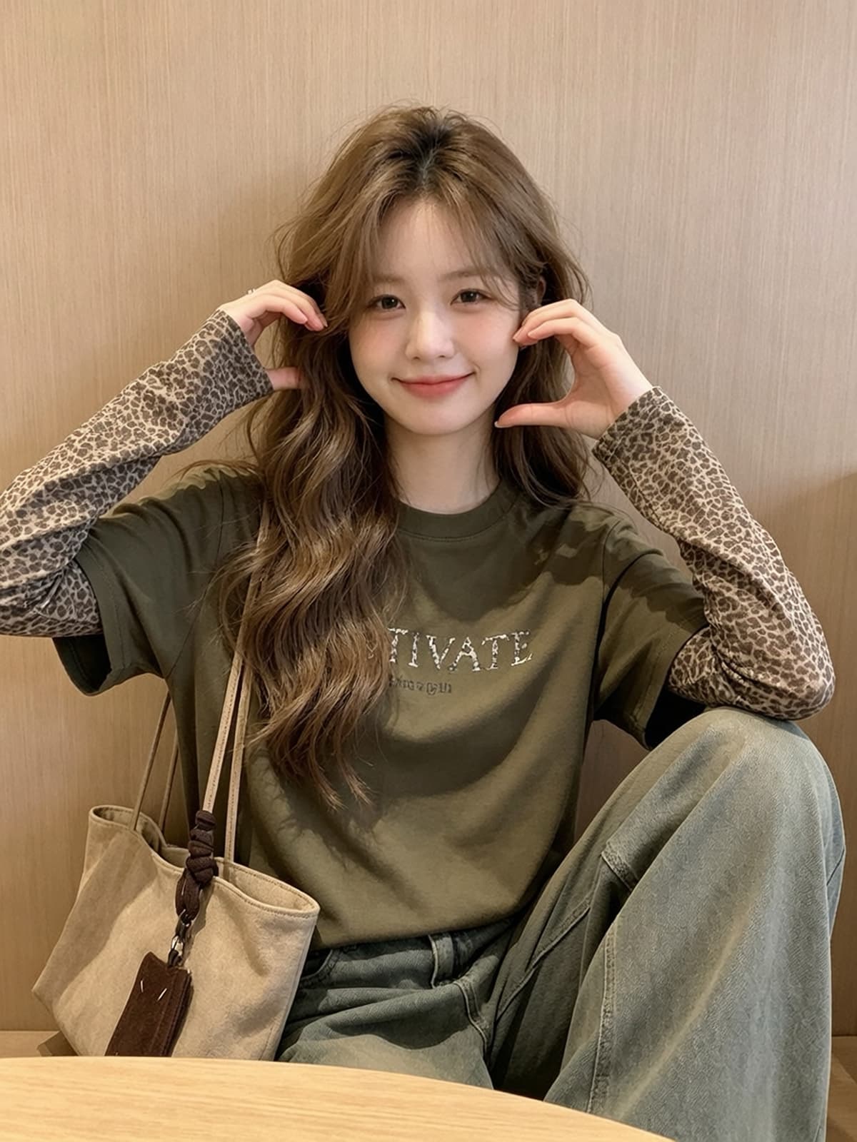 2026 가을 새로운 한 부서 레오파드 무늬 패치워크 라운드 넥 알파벳 페이크 레이어드 긴팔 티셔츠 개성 스택 착용 맨위 여성 상세 이미지 4