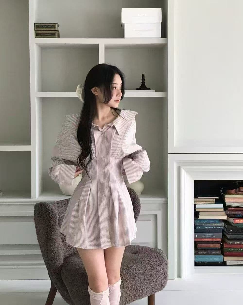 한국 스타일 스트라이프 셔츠 스타일 여성 드레스 봄 새로운 달콤함 품격 뒤로 십자가 스트랩 허리 수축 미니 스커트 상세 이미지 2