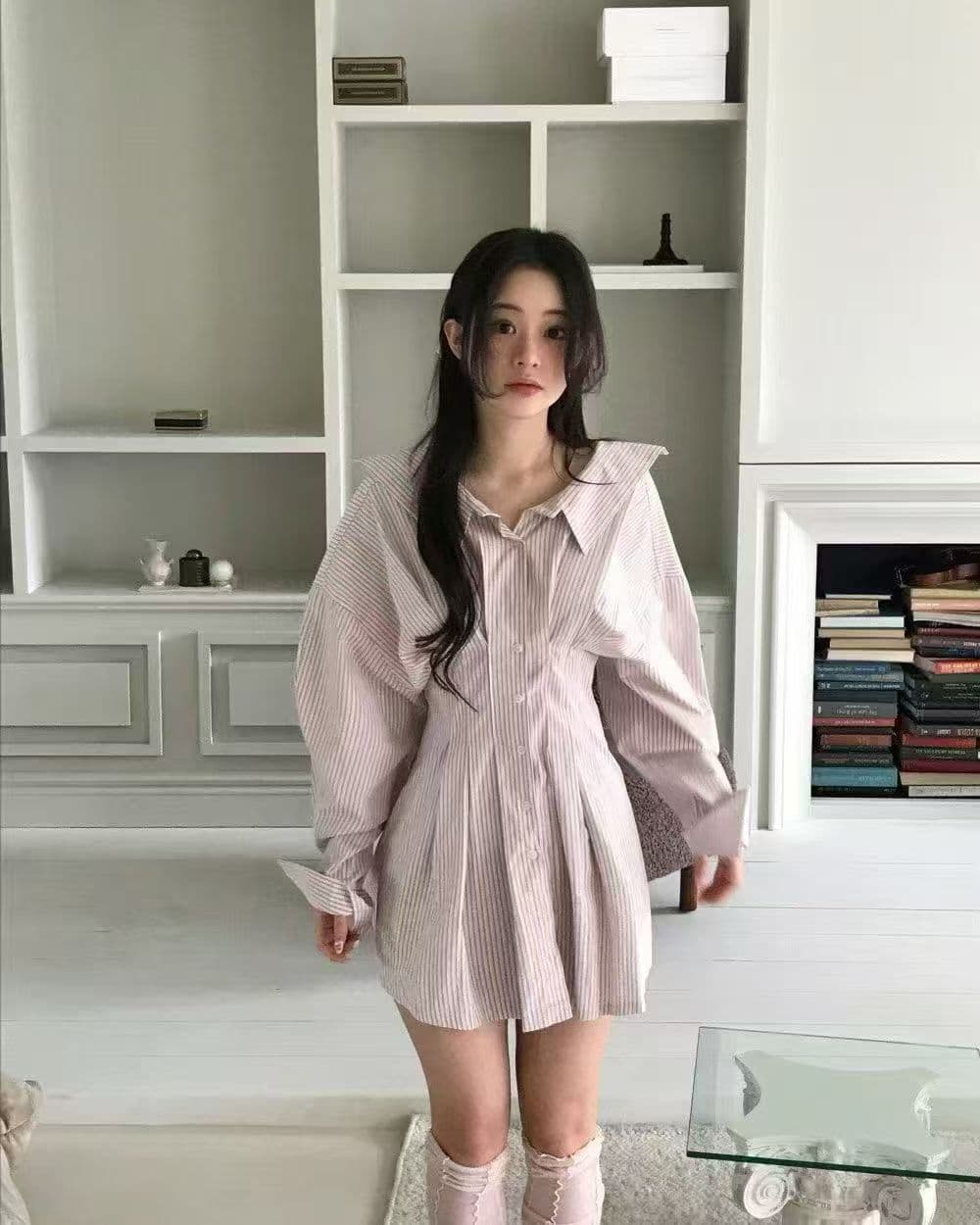 한국 스타일 스트라이프 셔츠 스타일 여성 드레스 봄 새로운 달콤함 품격 뒤로 십자가 스트랩 허리 수축 미니 스커트 상세 이미지 3