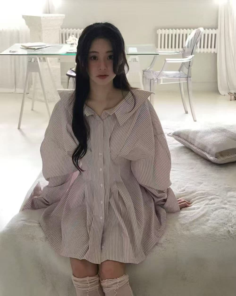 한국 스타일 스트라이프 셔츠 스타일 여성 드레스 봄 새로운 달콤함 품격 뒤로 십자가 스트랩 허리 수축 미니 스커트 상세 이미지 4