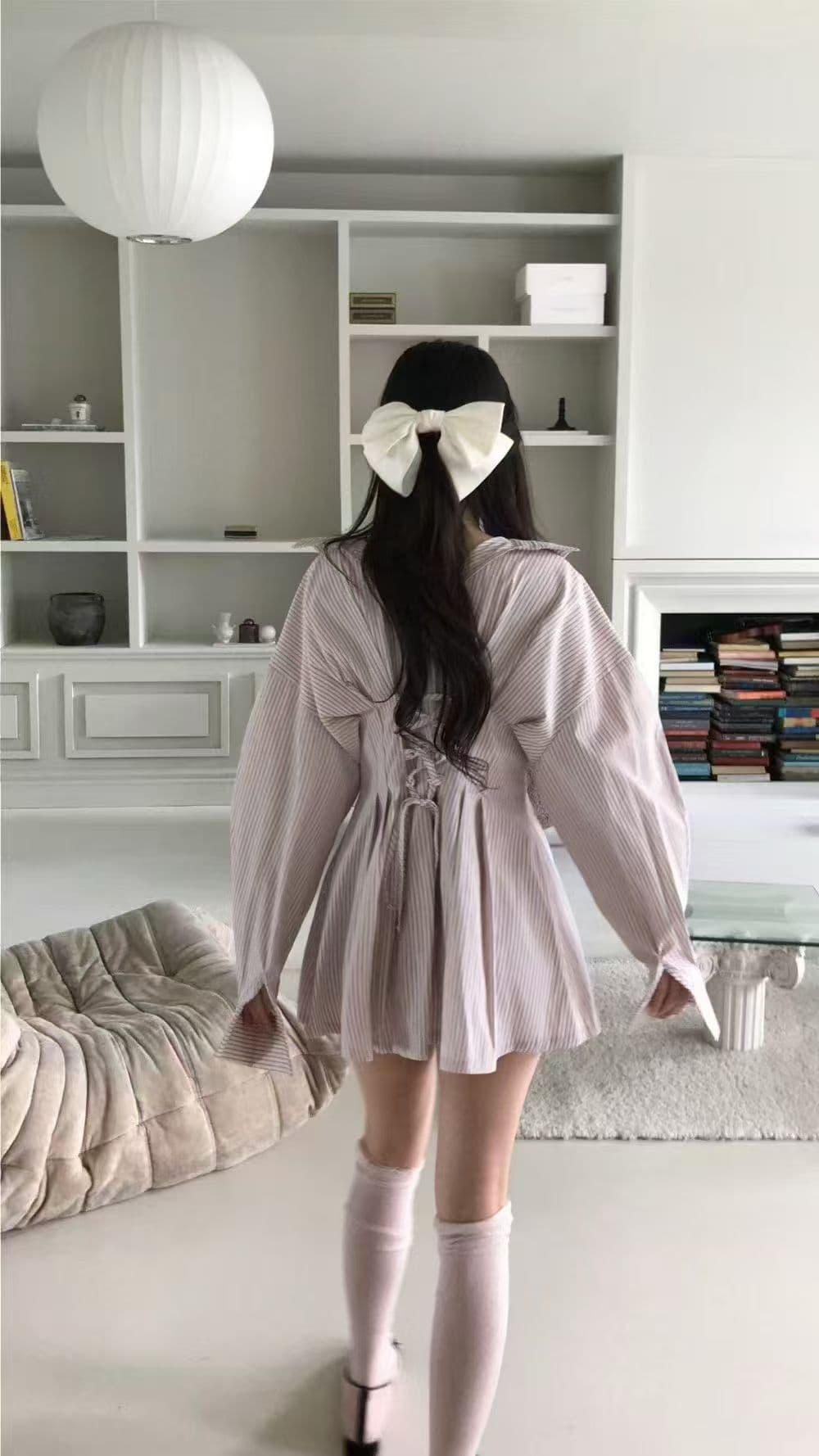 한국 스타일 스트라이프 셔츠 스타일 여성 드레스 봄 새로운 달콤함 품격 뒤로 십자가 스트랩 허리 수축 미니 스커트 상세 이미지 5