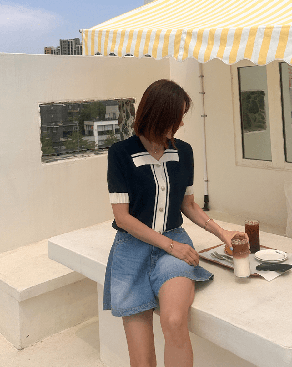 배색 POLO 칼라 니트 스웨터 티셔츠 반팔 여성 여름 새로운 한 부서 착용 가져 가라. 캐주얼 작은 키 슬림해 보이는 맨위 이미지 3