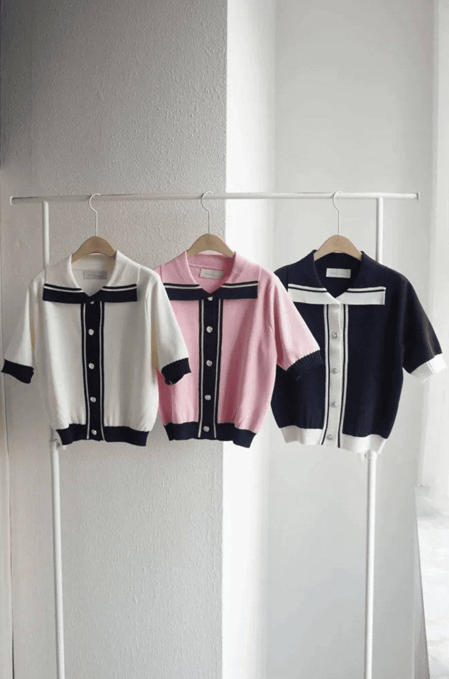 배색 POLO 칼라 니트 스웨터 티셔츠 반팔 여성 여름 새로운 한 부서 착용 가져 가라. 캐주얼 작은 키 슬림해 보이는 맨위 상세 이미지 1