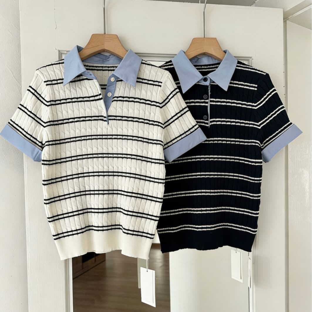 한 부서 chic 여름 새로운 패션 스트라이프 패치워크 페이크 레이어드 POLO 칼라 트위스트 꽈배기 반팔 얼음 실크 니트 여성 이미지 5