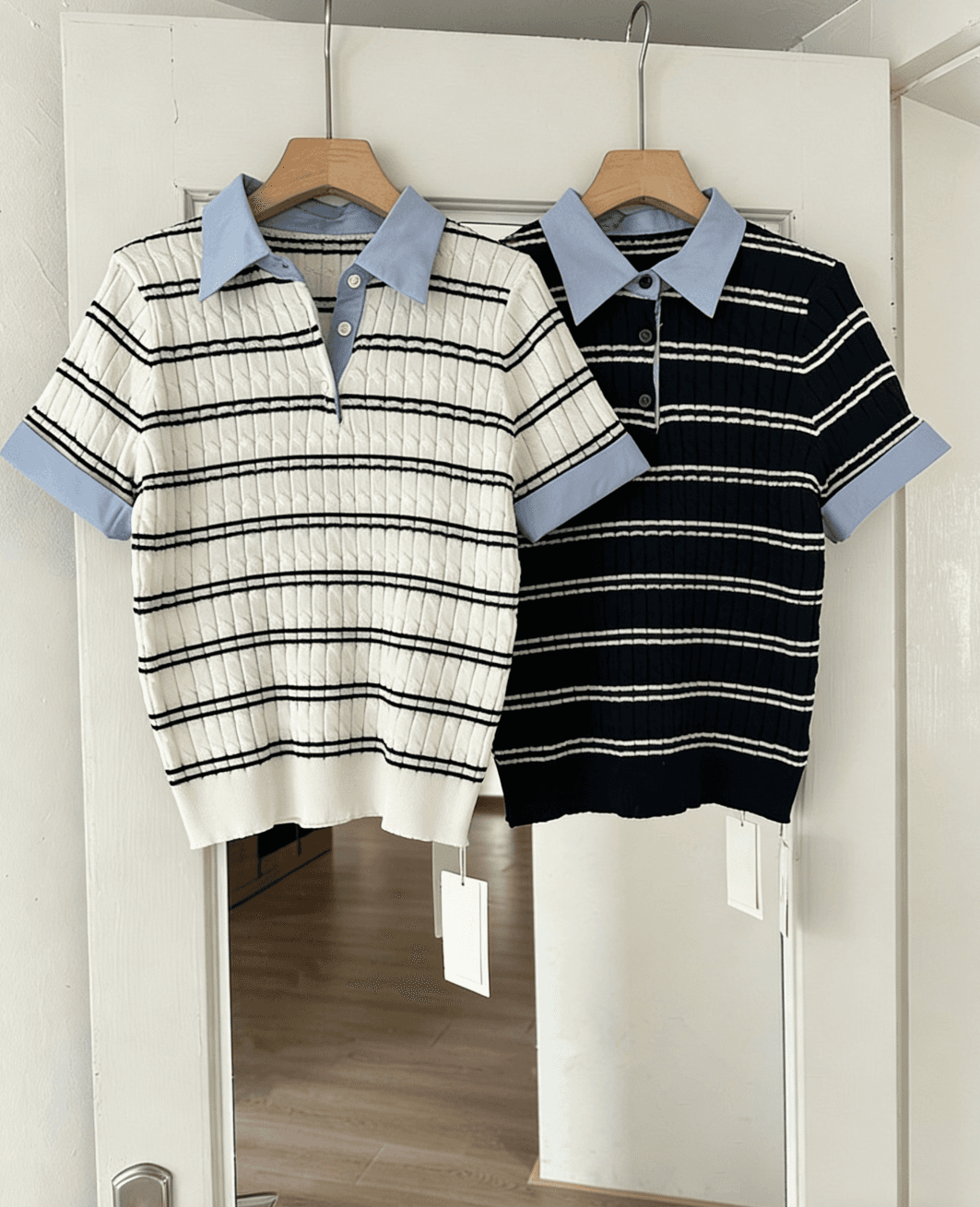 한 부서 chic 여름 새로운 패션 스트라이프 패치워크 페이크 레이어드 POLO 칼라 트위스트 꽈배기 반팔 얼음 실크 니트 여성 상세 이미지 1