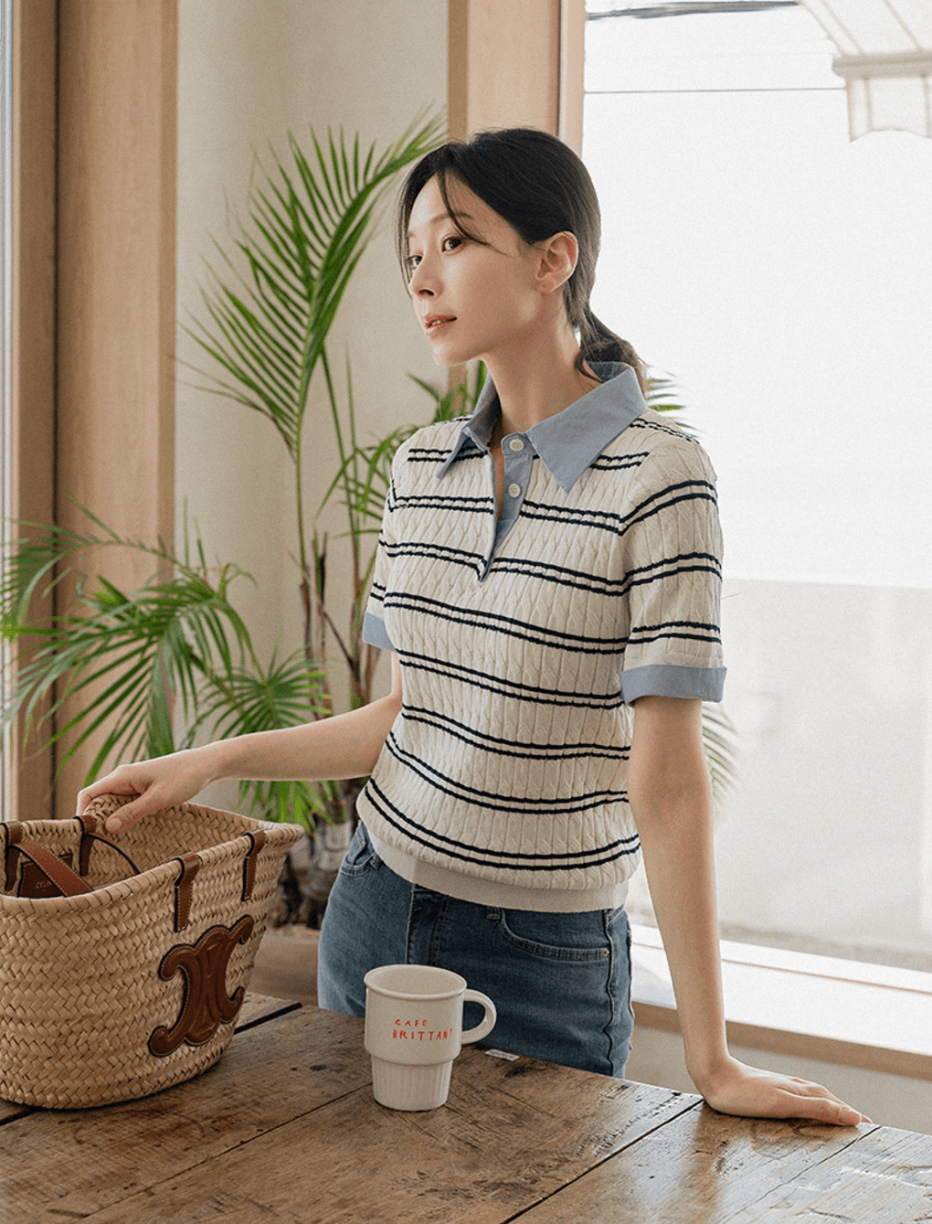 한 부서 chic 여름 새로운 패션 스트라이프 패치워크 페이크 레이어드 POLO 칼라 트위스트 꽈배기 반팔 얼음 실크 니트 여성 상세 이미지 2