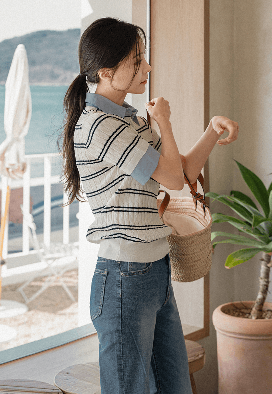 한 부서 chic 여름 새로운 패션 스트라이프 패치워크 페이크 레이어드 POLO 칼라 트위스트 꽈배기 반팔 얼음 실크 니트 여성 상세 이미지 3
