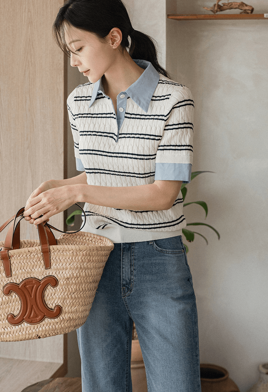 한 부서 chic 여름 새로운 패션 스트라이프 패치워크 페이크 레이어드 POLO 칼라 트위스트 꽈배기 반팔 얼음 실크 니트 여성 상세 이미지 5
