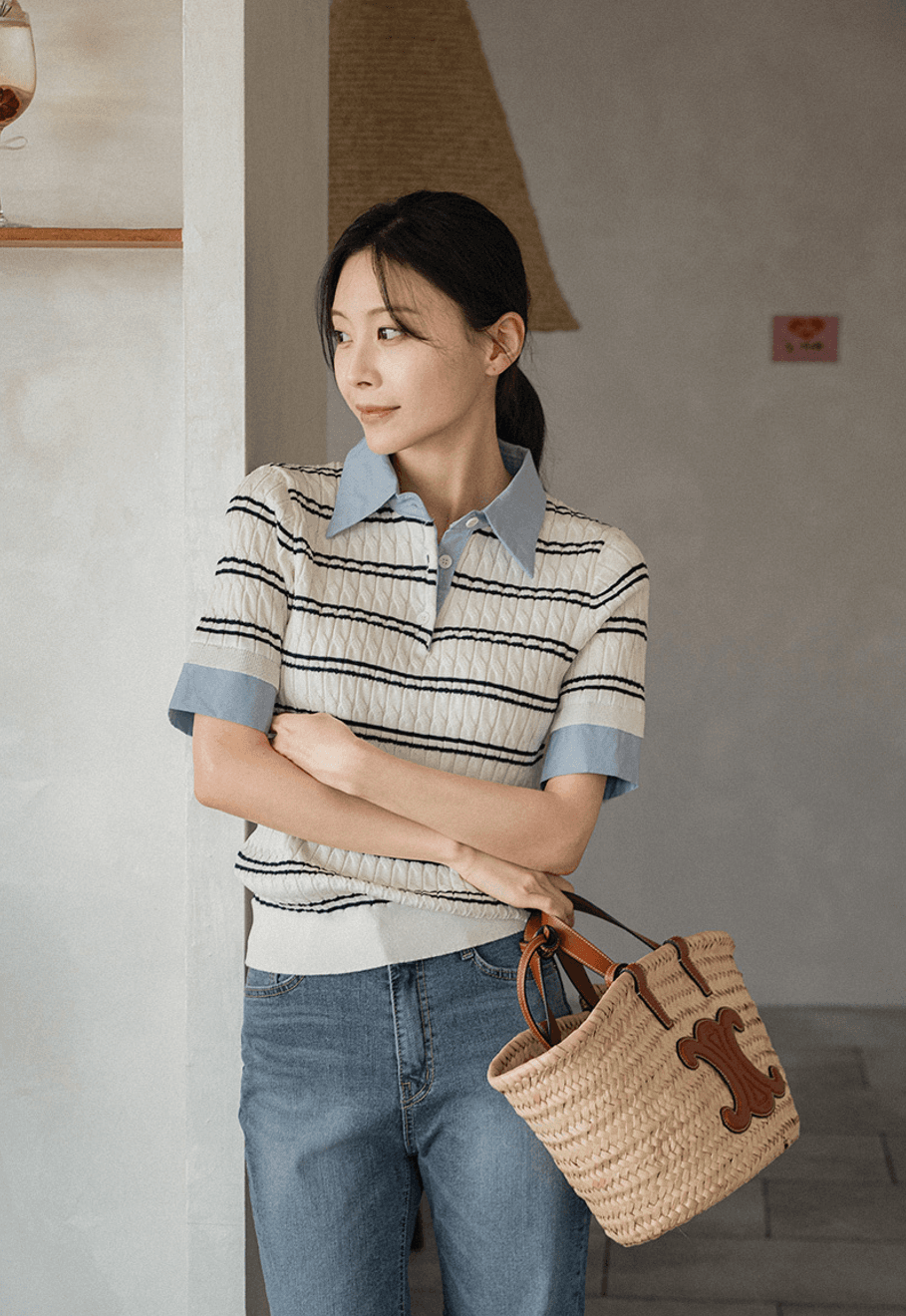 한 부서 chic 여름 새로운 패션 스트라이프 패치워크 페이크 레이어드 POLO 칼라 트위스트 꽈배기 반팔 얼음 실크 니트 여성 상세 이미지 6