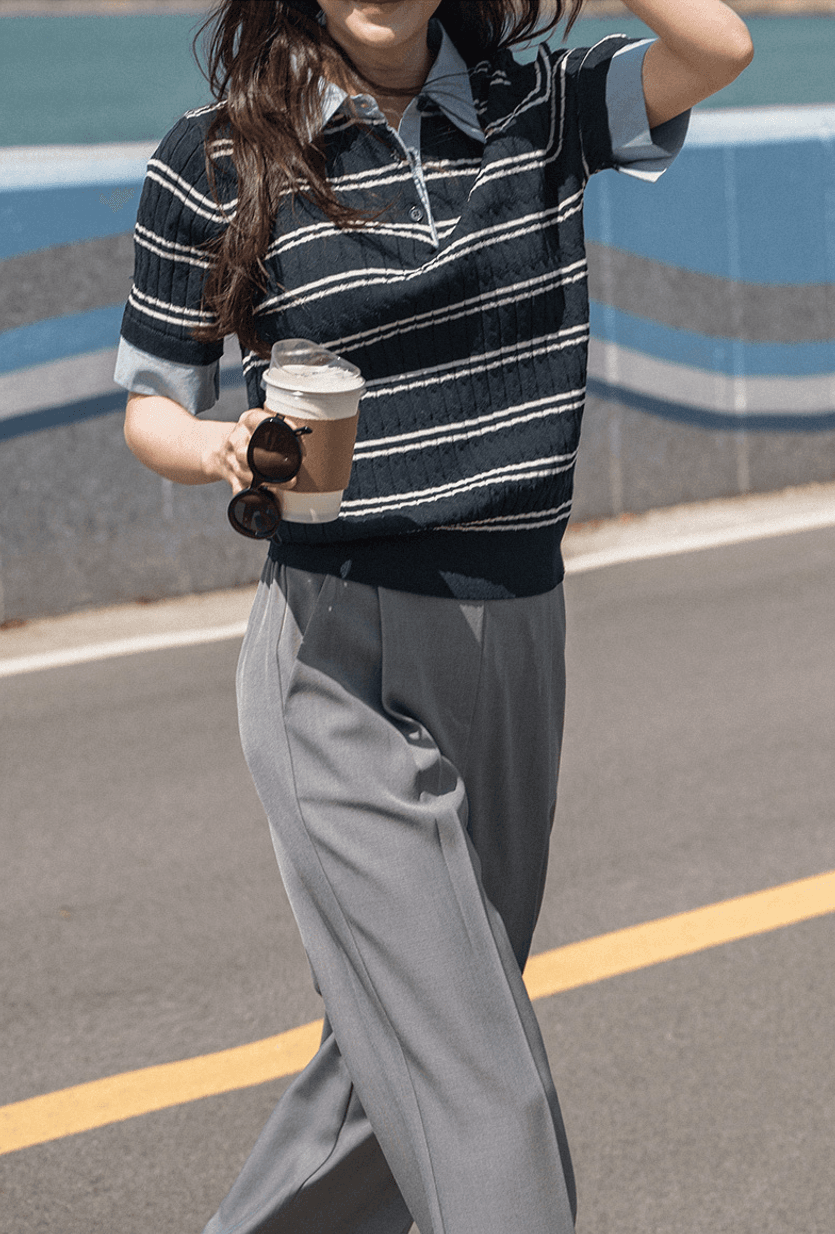 한 부서 chic 여름 새로운 패션 스트라이프 패치워크 페이크 레이어드 POLO 칼라 트위스트 꽈배기 반팔 얼음 실크 니트 여성 상세 이미지 7