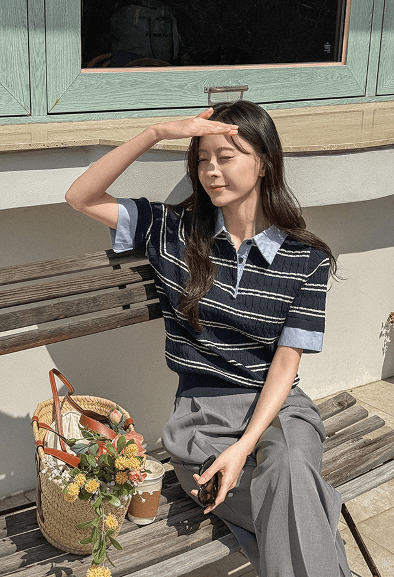 한 부서 chic 여름 새로운 패션 스트라이프 패치워크 페이크 레이어드 POLO 칼라 트위스트 꽈배기 반팔 얼음 실크 니트 여성 상세 이미지 8