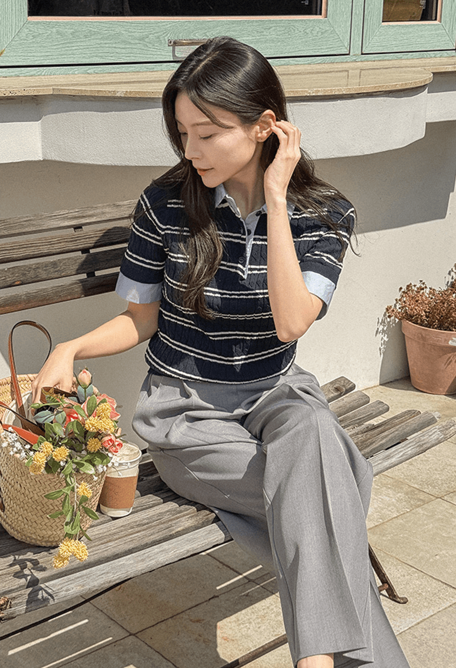 한 부서 chic 여름 새로운 패션 스트라이프 패치워크 페이크 레이어드 POLO 칼라 트위스트 꽈배기 반팔 얼음 실크 니트 여성 상세 이미지 9