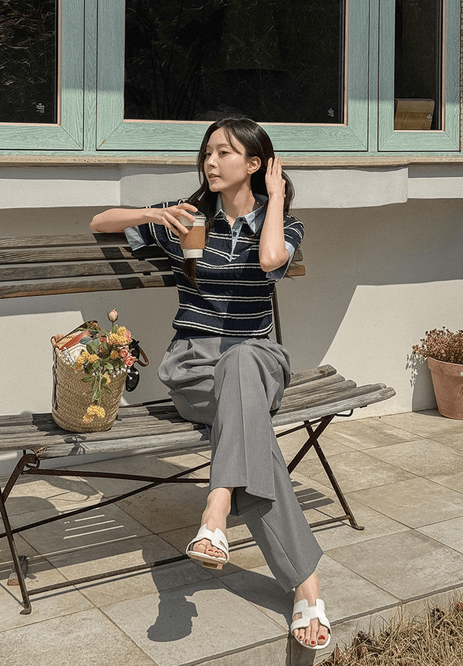 한 부서 chic 여름 새로운 패션 스트라이프 패치워크 페이크 레이어드 POLO 칼라 트위스트 꽈배기 반팔 얼음 실크 니트 여성 상세 이미지 10