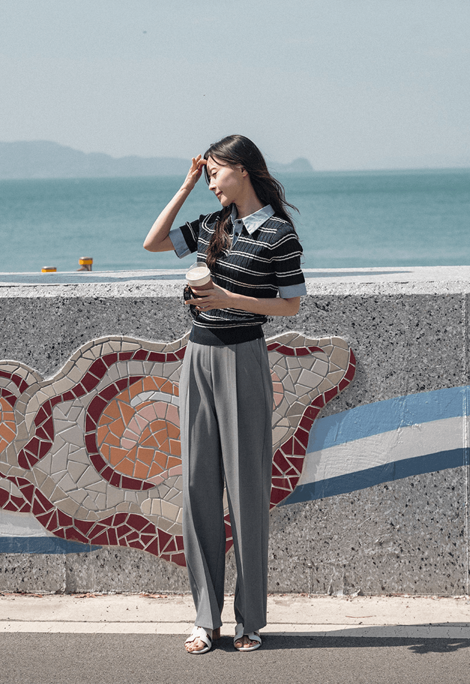 한 부서 chic 여름 새로운 패션 스트라이프 패치워크 페이크 레이어드 POLO 칼라 트위스트 꽈배기 반팔 얼음 실크 니트 여성 상세 이미지 11