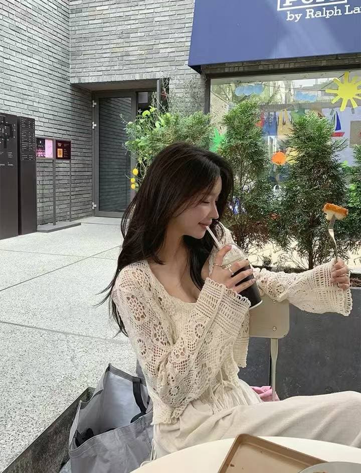 2026 이른 봄 프랑스식 자수 실 빈 레이스업 니트 오픈 가디건 여성 의류 상세 이미지 1