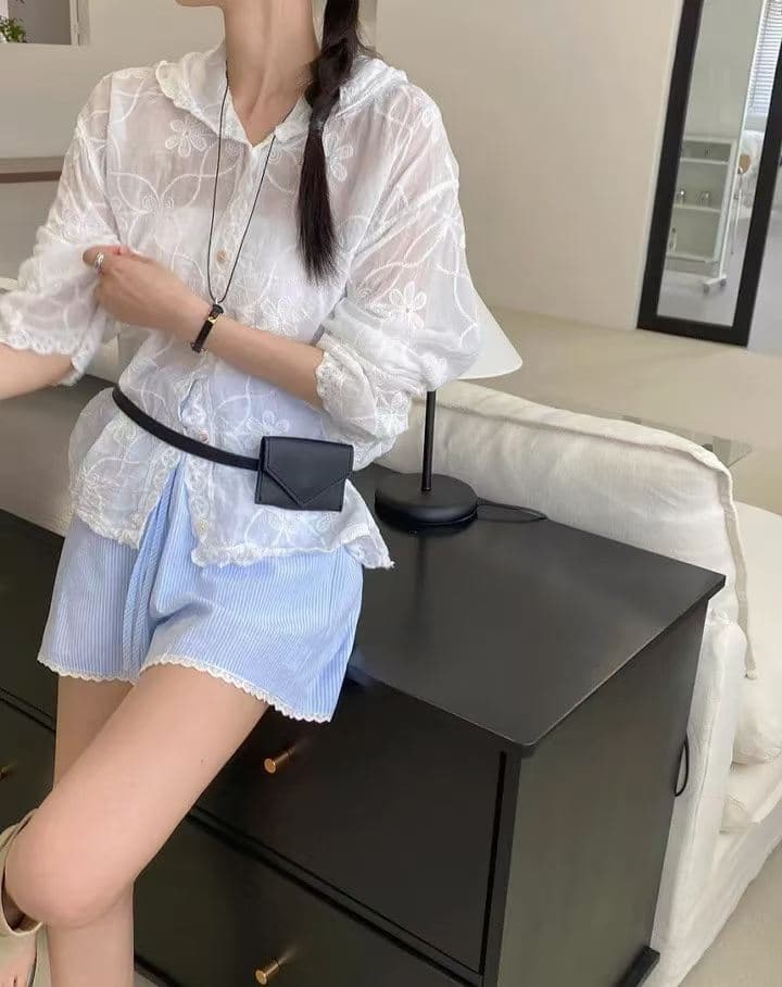 한 부서 레트로 레이스 자수 후드 자외선 차단 외투 여성 레저 다용도 디자인 센스 작은 대중 휴가 바람 셔츠 상세 이미지 1