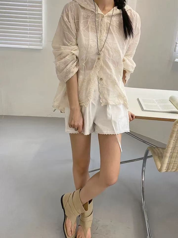 한 부서 레트로 레이스 자수 후드 자외선 차단 외투 여성 레저 다용도 디자인 센스 작은 대중 휴가 바람 셔츠 상세 이미지 10