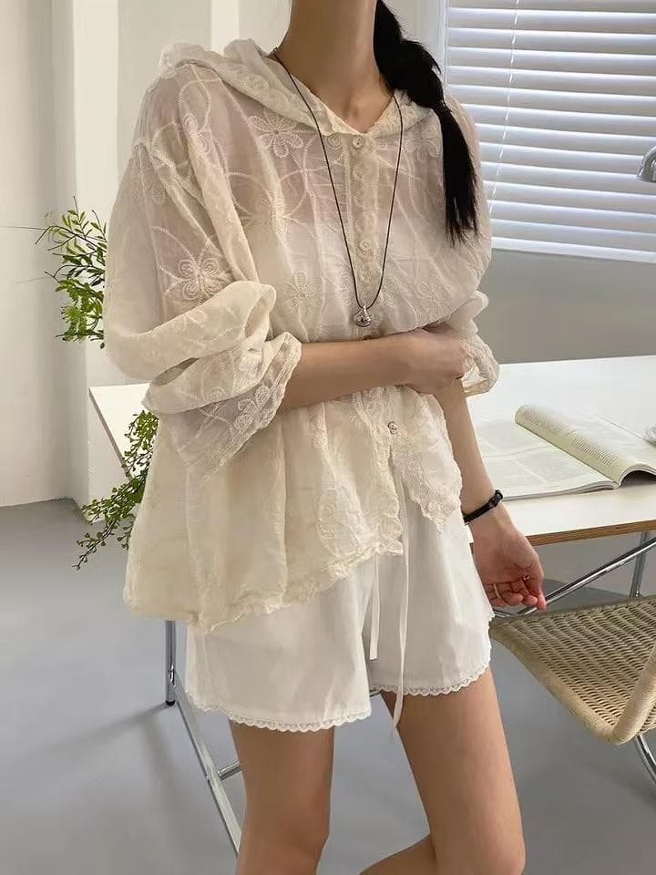 한 부서 레트로 레이스 자수 후드 자외선 차단 외투 여성 레저 다용도 디자인 센스 작은 대중 휴가 바람 셔츠 상세 이미지 11