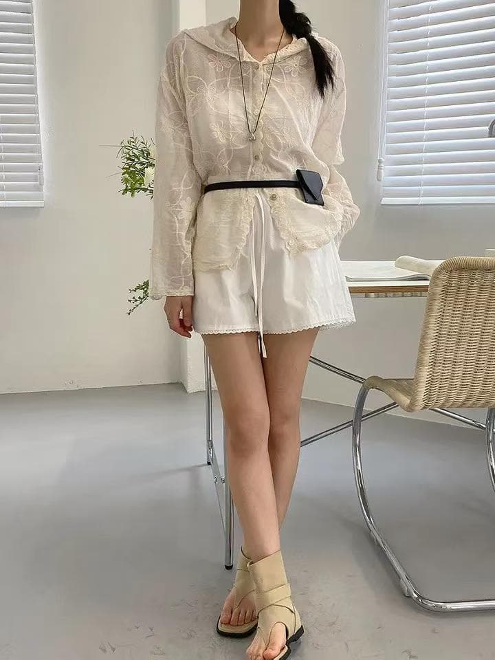한 부서 레트로 레이스 자수 후드 자외선 차단 외투 여성 레저 다용도 디자인 센스 작은 대중 휴가 바람 셔츠 상세 이미지 12
