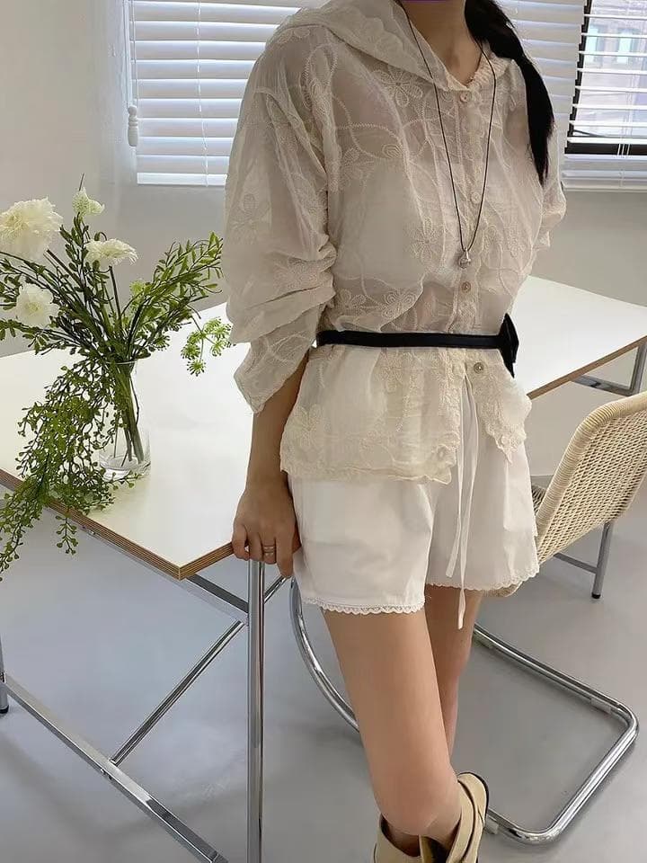 한 부서 레트로 레이스 자수 후드 자외선 차단 외투 여성 레저 다용도 디자인 센스 작은 대중 휴가 바람 셔츠 상세 이미지 14